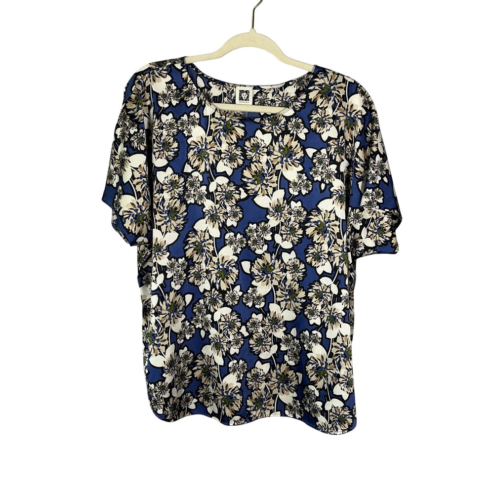 Anne Klein Satin Blue Floral Scoop Neck Short Sleeve Dolman Blouse XL